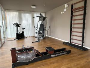 a room with a gym with a treadmill and weights at Ferienwohnung Baltic Lagoon Ostsee in Fuhlendorf