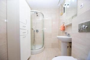 ein Bad mit einer Dusche, einem WC und einem Waschbecken in der Unterkunft Apartmans Budva centar in Budva