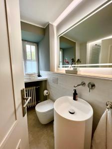 W łazience znajduje się umywalka, toaleta i lustro. w obiekcie Premium Apartment an der Stadtmauer im OG w mieście Paderborn