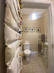 een badkamer met een toilet en een muur van handdoeken bij Old Boathouse Upper Lough Erne 