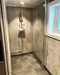 a shower with a glass door in a bathroom at Fantastisk Stuga i Hälsingland, Los! in Los