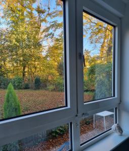 uma janela com vista para um pátio em EG-Wohnung mit Himmelbett, Wohnküche und Wintergarten em Wuppertal