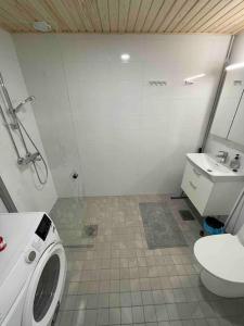 a bathroom with a washing machine and a toilet at Bronx - Apartment in Vantaa