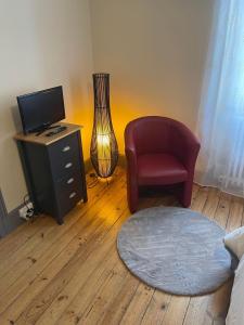 ein Wohnzimmer mit einem Stuhl und einem TV in der Unterkunft Chambre privée et sa salle de bain attenante in Mazamet