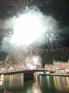 een brug over een rivier met vuurwerk over een stad bij Appartement The View in Dinant