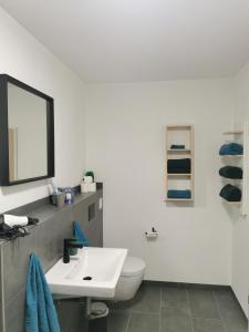 La salle de bains blanche est pourvue d'un lavabo et de toilettes. dans l'établissement Apart Bellagast, à Hilchenbach