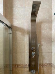 a shower with a glass door and a shower head at Geza Apartment Hotel in Addis Ababa
