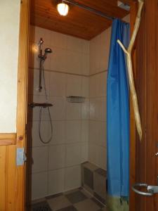 La salle de bains est pourvue d'une douche avec un rideau de douche bleu. dans l'établissement mekelermeer, à Geesbrug