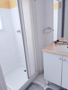a bathroom with a shower and a sink at Maison a louer dans village de vacances in Pierrefiche
