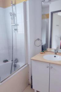 La salle de bains est pourvue d'un lavabo et d'une douche. dans l'établissement Maison a louer dans village de vacances, à Pierrefiche