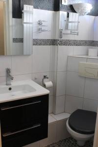 ein Badezimmer mit einem Waschbecken, einem WC und einem Spiegel in der Unterkunft Agréable appartement T2 avec loggia proche commerces et plage - 4ALB24 in Saint Cyprien Plage
