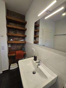 a bathroom with a white sink and a mirror at Ferienwohnung Schwarz in Vaihingen