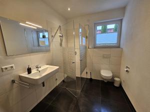 a bathroom with a sink and a shower and a toilet at Ferienwohnung Schwarz in Vaihingen
