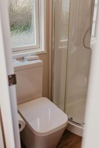 a bathroom with a toilet and a shower and a window at Studio Pod 1 in Portland