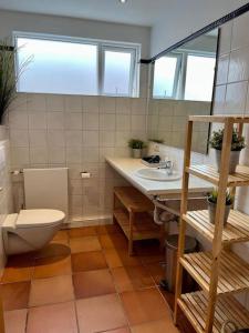 a bathroom with a toilet and a sink at Fell cottage in Reykholt