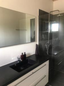 y baño con lavabo negro y ducha. en 170 M2 stort hus tæt på centrum, MCH og Boxen en Herning