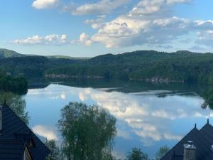 - une vue sur un lac avec des montagnes en arrière-plan dans l'établissement Ostoja Spokoju, à Olchowiec