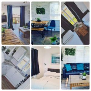 un collage de cuatro fotos de una sala de estar en 42 pine lodge & sea views, en Llanarmon