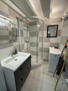 La salle de bains blanche est pourvue d'une douche et d'un lavabo. dans l'établissement Ti MACLOA - Appartement les pieds dans l'eau, à Sainte-Anne
