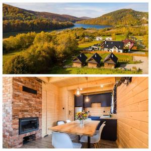 a room with a table and a view of a house at CHATY TRZY in Solina