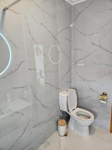 uma casa de banho com um WC e uma parede em mármore em Studio no centro do Funchal no Funchal