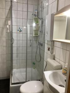 a bathroom with a shower and a toilet and a sink at Schönes großes Zimmer 1 Et Parkplatz nach Verfügbarkeit in Essen