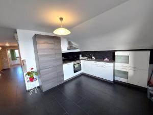a kitchen with white cabinets and a black floor at Countryside Apartment Agnes in Šentjošt nad Horjulom