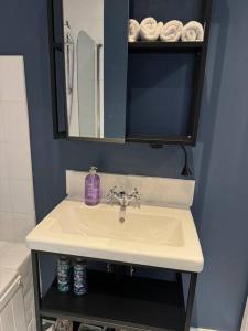 a bathroom with a sink and a mirror and towels at Stylish city flat with private parking in Bristol