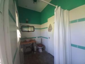 uma casa de banho com um WC e uma cortina de chuveiro em Chacra La alborada em El Bolsón