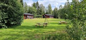 um parque com duas mesas de piquenique num campo em Nygård Cabins - brandnew holiday home with 3 bedrooms em Sunne