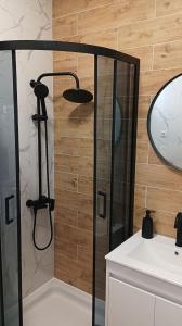 a shower with a glass door next to a sink at Apartments Elenora in Brist +44 photos