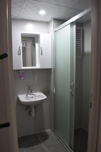 a bathroom with a sink and a shower with a mirror at edr ulus 22otel in Edirne