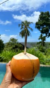 uma pessoa segurando uma laranja com uma faca nela em Villa Hillcrest em Weligama