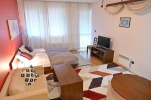 Sala de estar con cama, sofá y TV en Cozy Fortuna Apartments 46, en Bansko