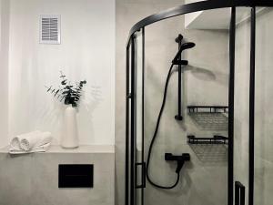 a shower stall in a bathroom with a vase of flowers at Apartament Dana Browna in Jelenia Góra