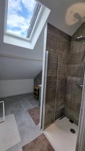 La salle de bains est pourvue d'une douche et d'une lucarne. dans l'établissement Spacieux T3 neuf au calme proche toutes commodités, à Chambéry