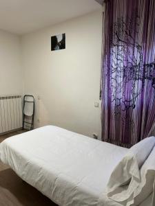 1 dormitorio con cama y cortina púrpura en Guest House Éxito en Madrid, en Madrid
