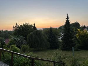 Blick auf ein Feld mit Bäumen und einem Zaun in der Unterkunft Ferienwohnung Schöpstalblick in Ebersbach