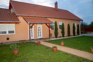 een huis met een rood dak en een tuin bij Boróka Vendégház Túrkeve in Túrkeve