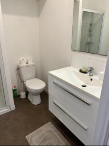 a white bathroom with a toilet and a sink at Lilas in Nogent-le-Rotrou