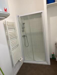 a shower with a glass door in a bathroom at Lilas in Nogent-le-Rotrou