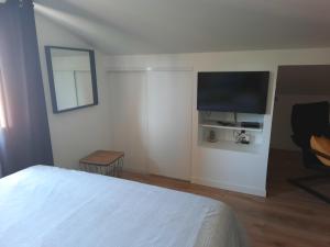 Schlafzimmer mit einem Bett und einem Flachbild-TV in der Unterkunft location terre mer in Le Temple
