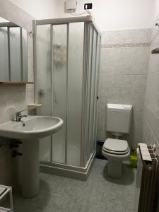 a bathroom with a shower and a toilet and a sink at La Corte Sul Lago casa vacanze in Pisogne +3 photos