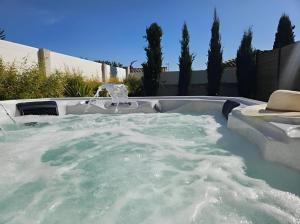 a hot tub with a water fountain in a backyard at Gîte Luxe DOUCE HARMONIE SPA & MASSAGES Offre Spéciale in Villemoustaussou