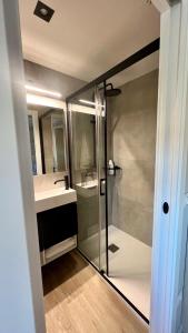a bathroom with a glass shower and a sink at Belle Vue Malaga Suite in Málaga