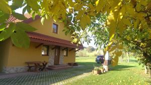 a house with a picnic table in the yard at Apartament Pod Garbem in Bachórz