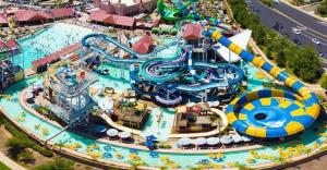 an aerial view of a water park with a water slide at Urban Paradise: Stylish Getaway near Buschgardens in Tampa