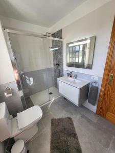 a bathroom with a toilet and a sink and a shower at Casa Mariposa Guesthouse in Playa de San Juan