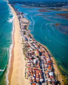 an aerial view of a beach and the ocean at BLife Faro Beach Hostel in Faro