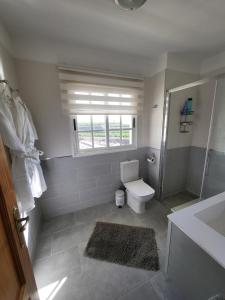 a bathroom with a toilet and a shower and a window at Casa Mariposa Guesthouse in Playa de San Juan